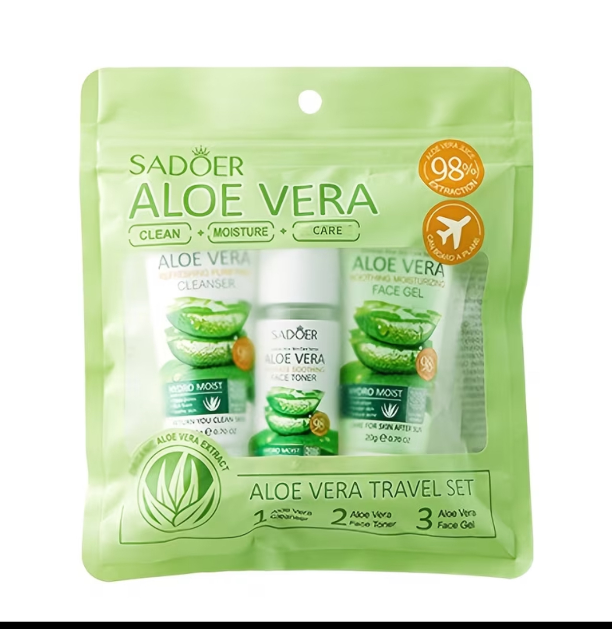 SADOER Aloe Vera 3-Piece Refreshing and Purifying Skincare Mini Kit – Travel-Size Face Toner (20ml), Cleanser (20g), and Face Gel (20g) 2