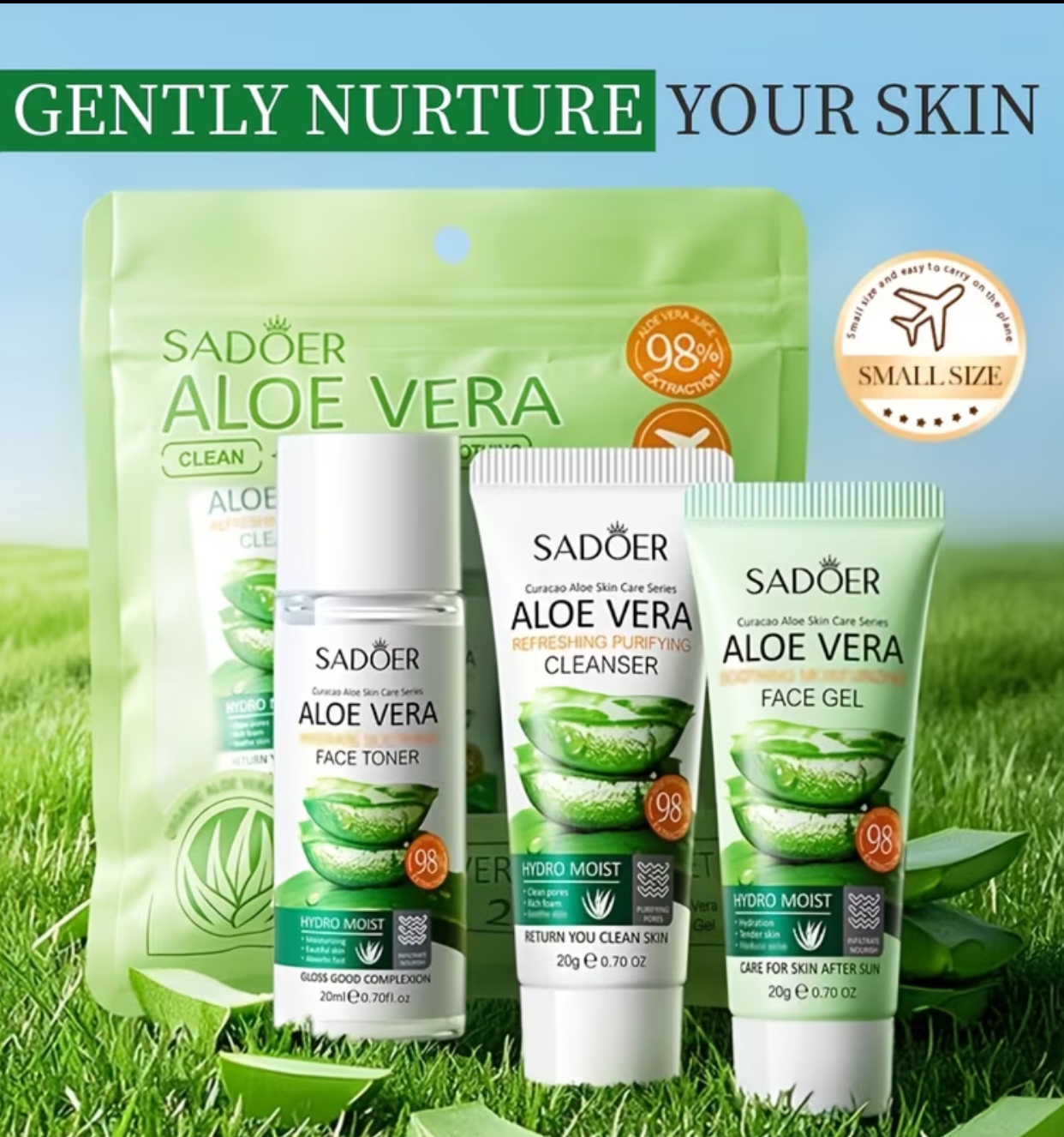SADOER Aloe Vera 3-Piece Refreshing and Purifying Skincare Mini Kit – Travel-Size Face Toner (20ml), Cleanser (20g), and Face Gel (20g)