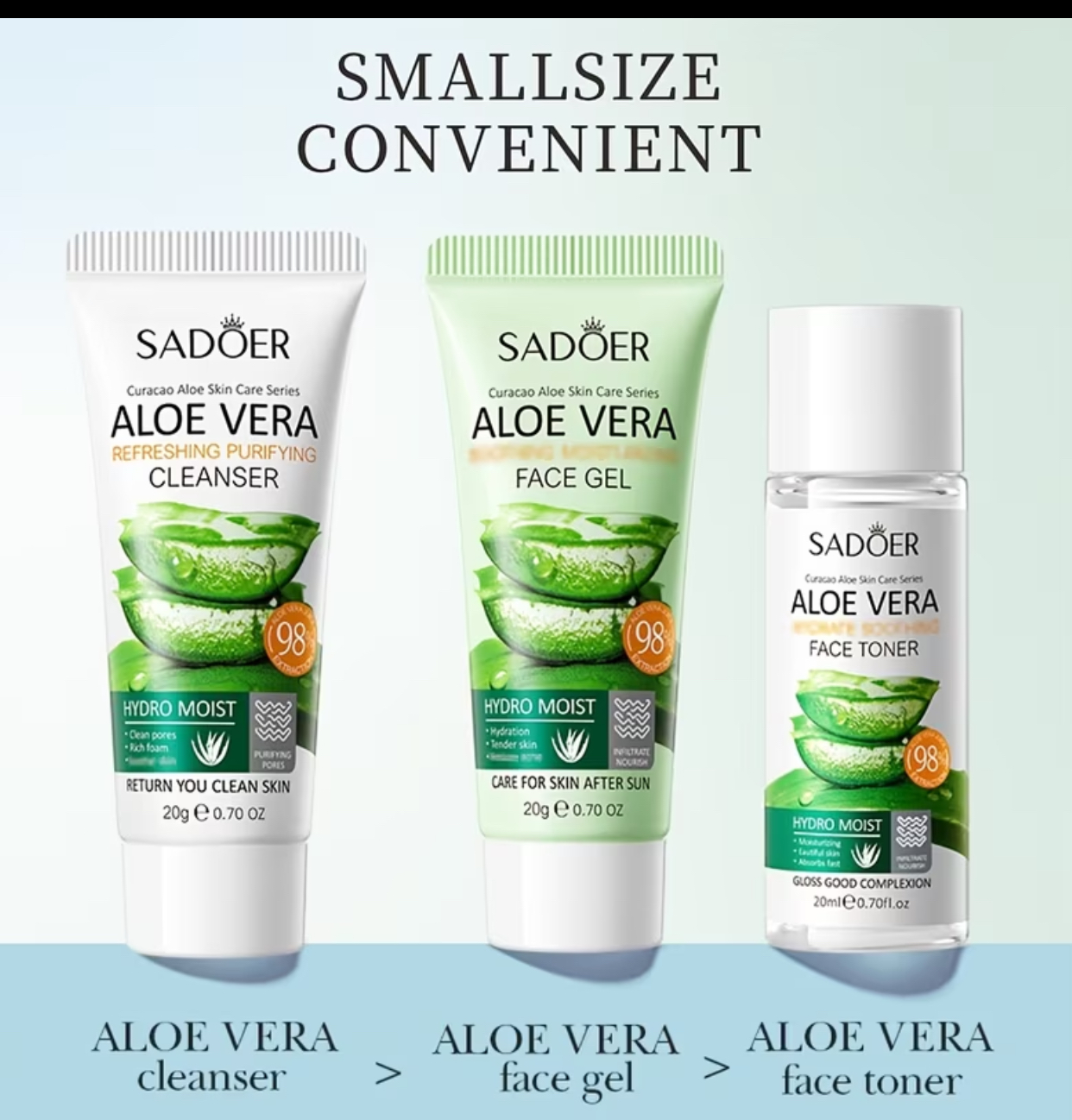 SADOER Aloe Vera 3-Piece Refreshing and Purifying Skincare Mini Kit – Travel-Size Face Toner (20ml), Cleanser (20g), and Face Gel (20g) 3