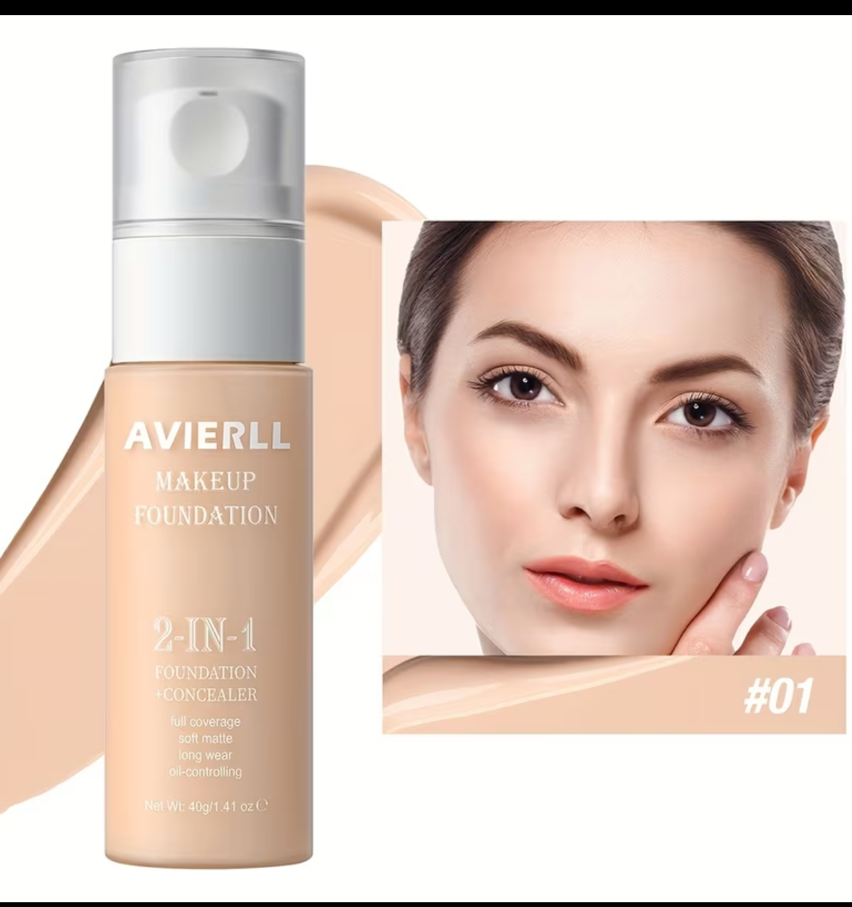 AVIERLL 2-in-1 High-Coverage Makeup Foundation & Concealer – Soft Matte Long-Wear Oil-Controlling Liquid Base (#01 Fair, 40g)