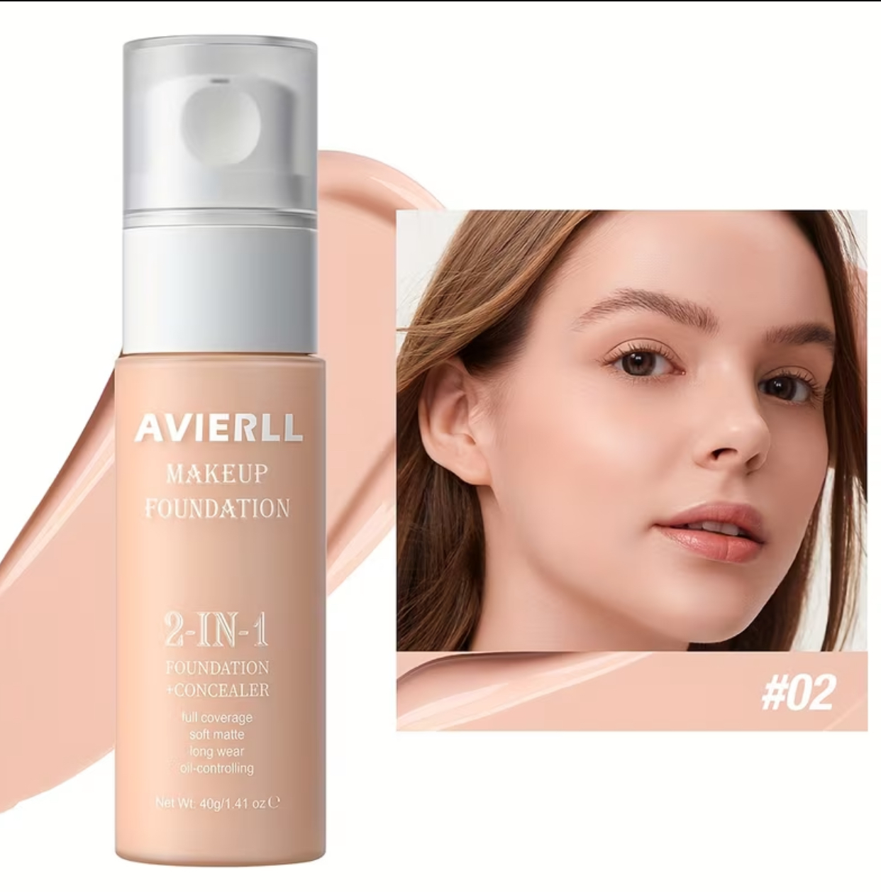AVIERLL 2-in-1 High-Coverage Makeup Foundation & Concealer – Soft Matte Long-Wear Oil-Controlling Liquid Base (#01 Fair, 40g) 2