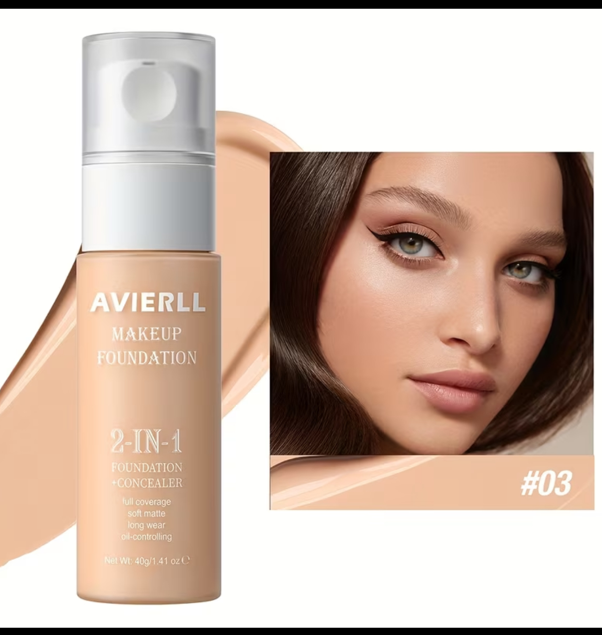 AVIERLL 2-in-1 High-Coverage Makeup Foundation & Concealer – Soft Matte Long-Wear Oil-Controlling Liquid Base (#01 Fair, 40g) 3
