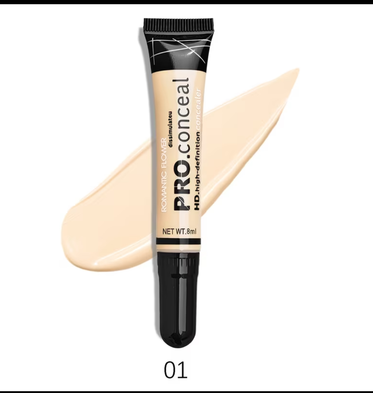 Romantic Flower PRO.Conceal HD High-Definition Liquid Concealer Tube – Crease-Resistant Brightening & Correcting Makeup Base (#01 Light Beige, 8ml)