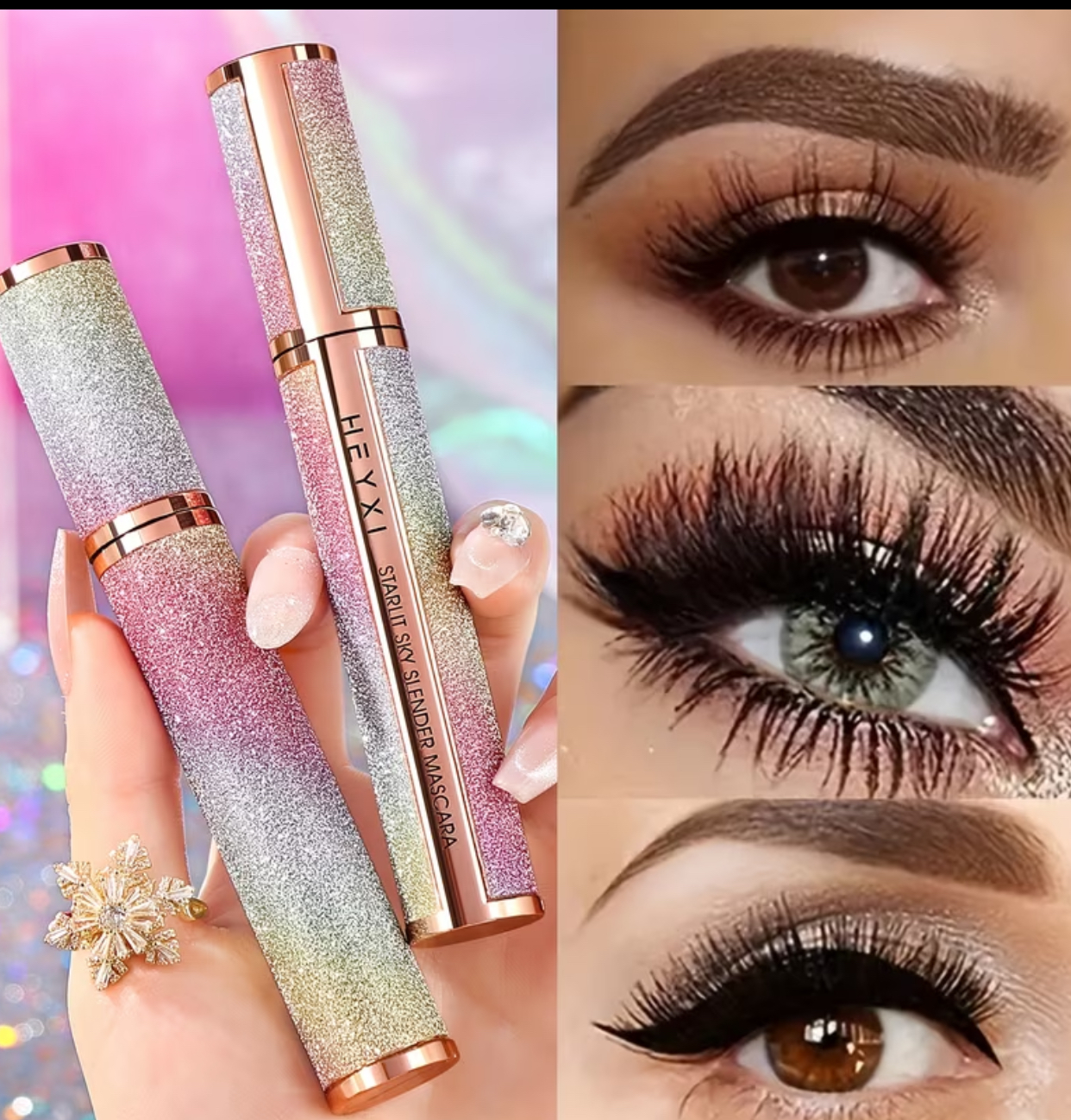 HEYXI Starlit Sky Slender Mascara – Waterproof Smudge-Proof Defining and Elongating Mascara in a Luxury Rainbow Glitter Wand