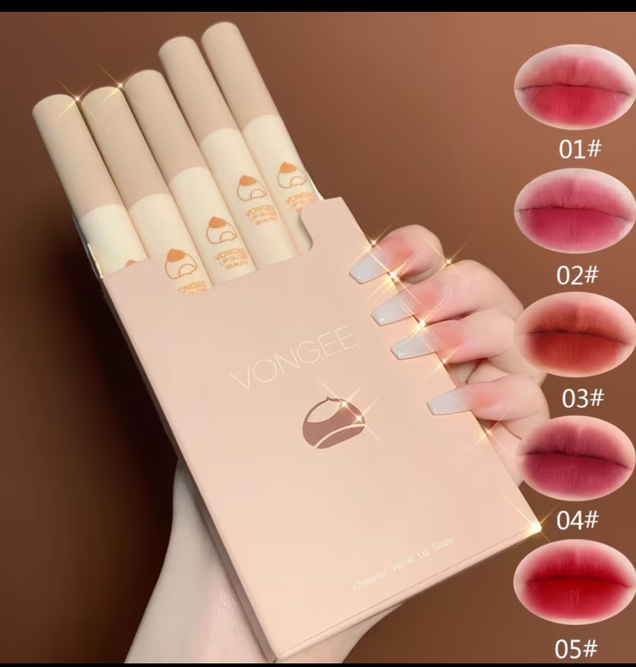 VONGEE Chestnut Velvet Lip Glaze 5-Piece Gift Set – Long-Lasting Matte Liquid Lipstick Set with Smooth Lip Tint Swatches (#01 to #05)