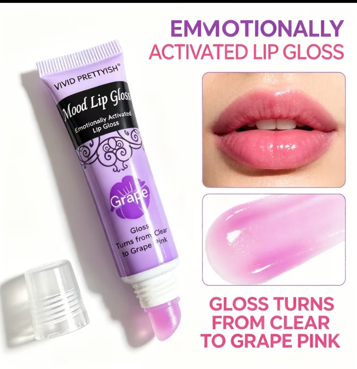 Vivid Prettyish Mood Lip Gloss – Emotionally Activated Color-Changing Grape Pink High-Shine Hydrating Lip Tint 2