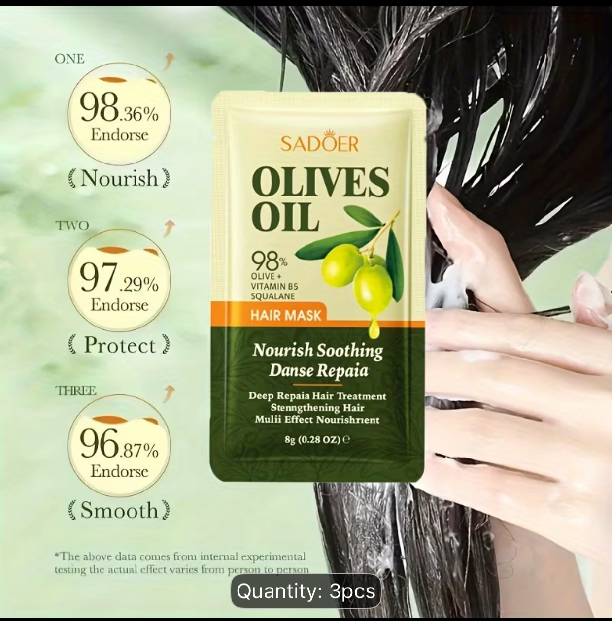 SADOER Olives Oil Deep Repair Hair Mask Sachet – Nourishing, Soothing & Strengthening Treatment for Damaged Hair (3-Pack Set, 8g per Sachet)