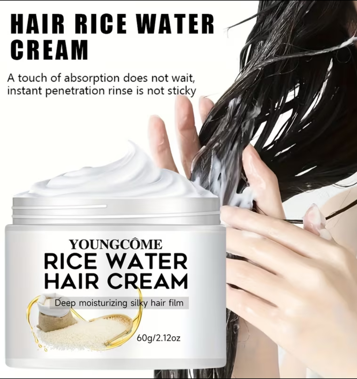 YOUNGCÔME Rice Water Hair Cream – Deep Moisturizing Silky Hair Film & Fast-Absorbing Instant Penetration Rinse (60g / 2.12oz)