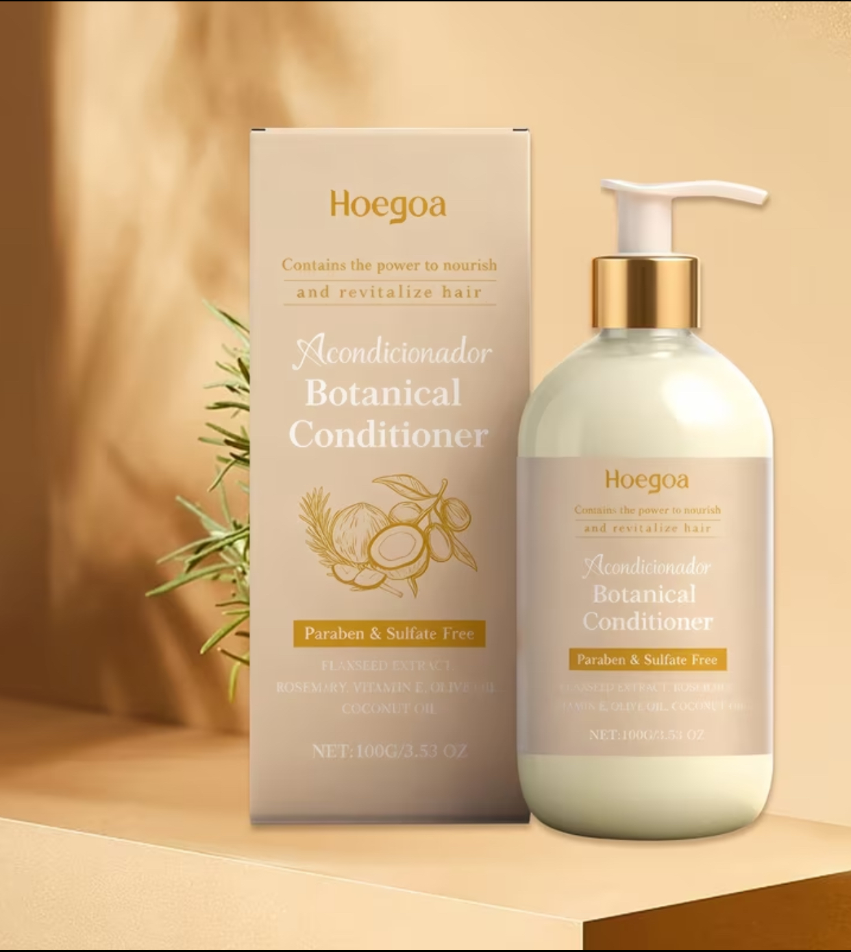 Hoegoa Botanical Conditioner (Acondicionador) – Paraben & Sulfate-Free Nourishing Hair Treatment with Flaxseed, Rosemary & Coconut Oil (100g / 3.53 OZ)