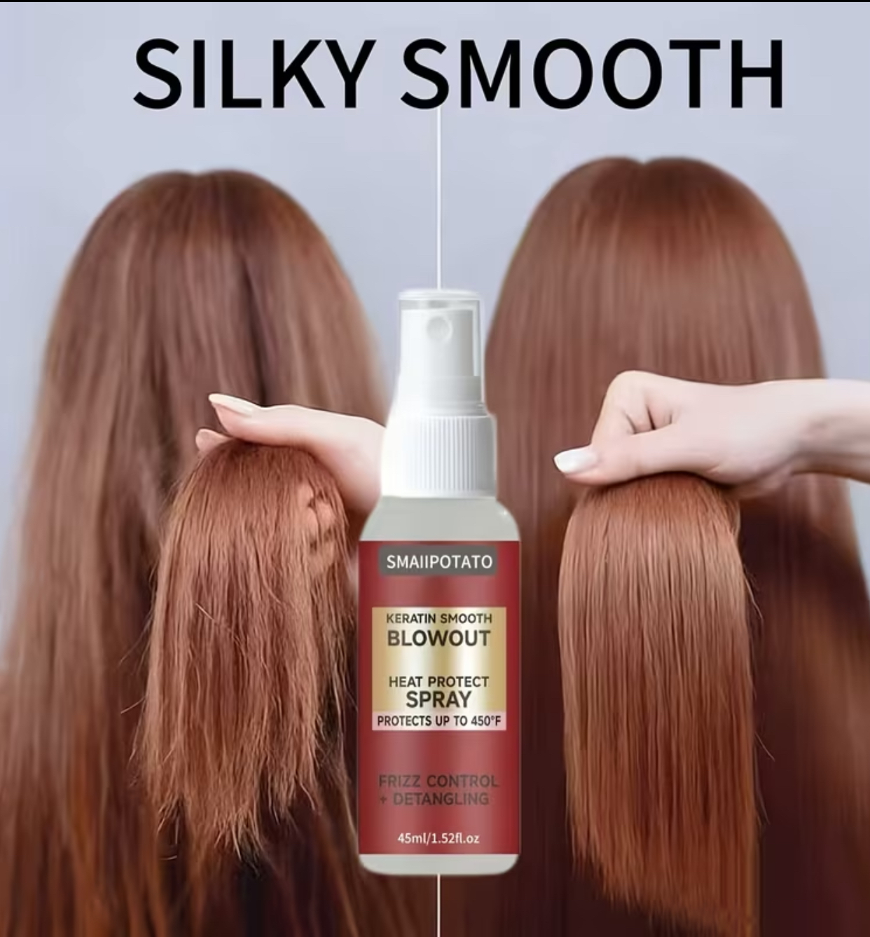 SMAIIPOTATO Keratin Smooth Blowout Heat Protect Spray – Frizz Control & Detangling Thermal Shield Protects Up to 450°F (45ml / 1.52fl.oz)