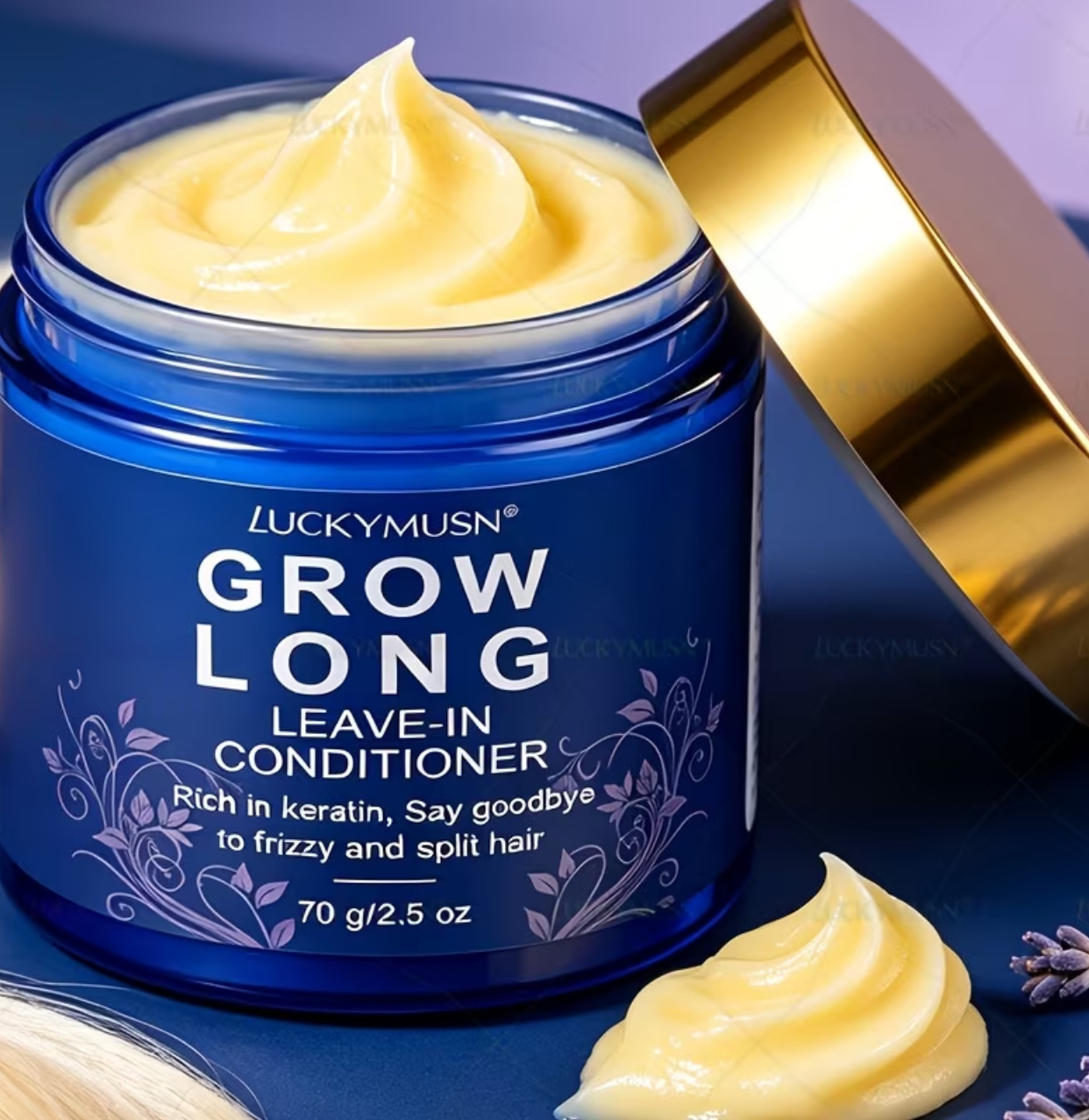 LUCKYMUSN Grow Long Leave-In Conditioner Jar – Keratin-Rich Anti-Frizz & Split-End Repairing Treatment Cream (70g / 2.5 oz)