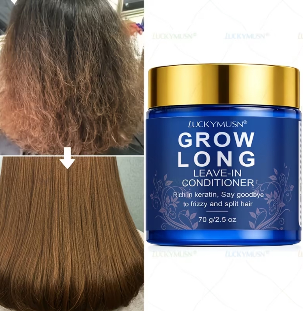 LUCKYMUSN Grow Long Leave-In Conditioner Jar – Keratin-Rich Anti-Frizz & Split-End Repairing Treatment Cream (70g / 2.5 oz) 3