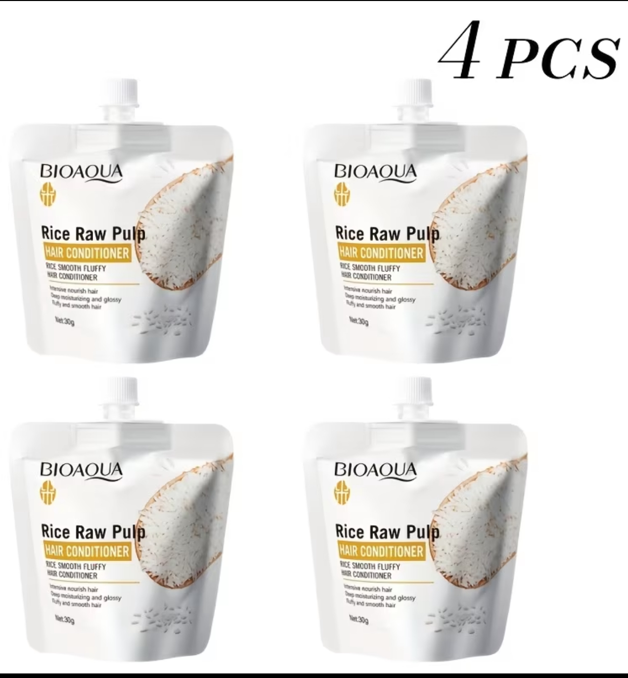 BIOAQUA Rice Raw Pulp Hair Conditioner Squeeze Pouch – Intensive Nourish, Smooth & Fluffy Volume Treatment Set (4-Piece Pack, 30g each)