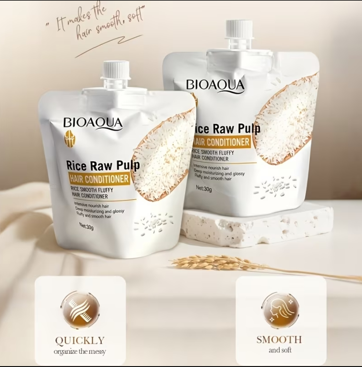 BIOAQUA Rice Raw Pulp Hair Conditioner Squeeze Pouch – Intensive Nourish, Smooth & Fluffy Volume Treatment Set (4-Piece Pack, 30g each) 2