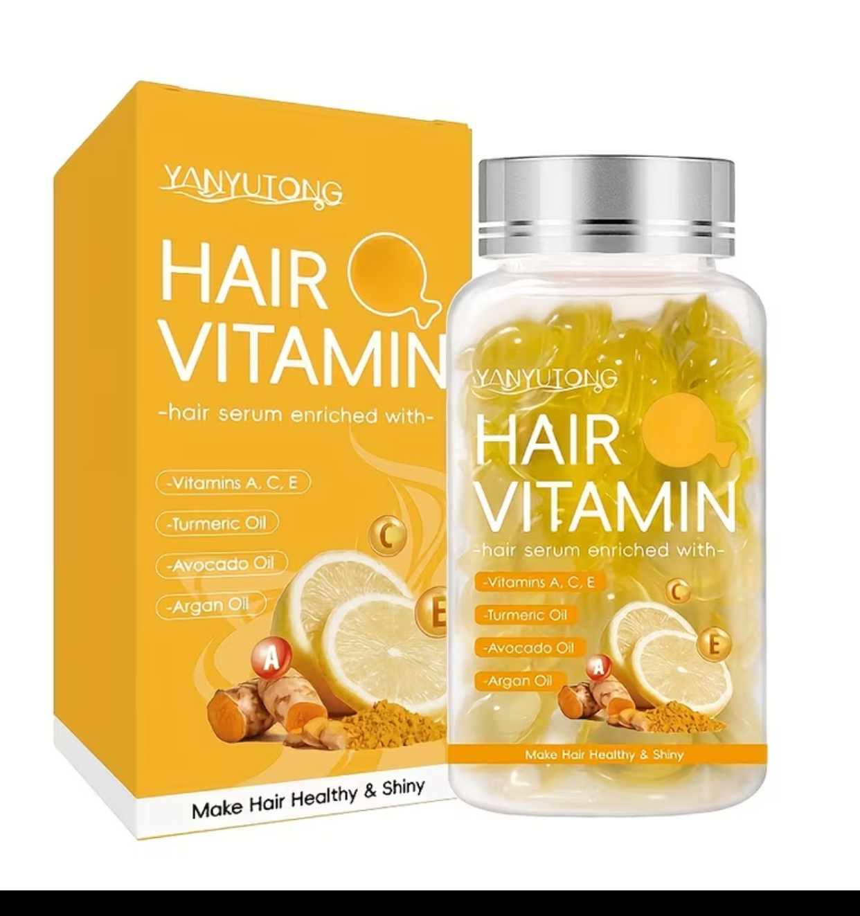 YANYUTONG Hair Vitamin Serum Capsules – Enriched with Vitamins A/C/E, Turmeric, Avocado & Argan Oil for Healthy & Shiny Hair (10 pcs)