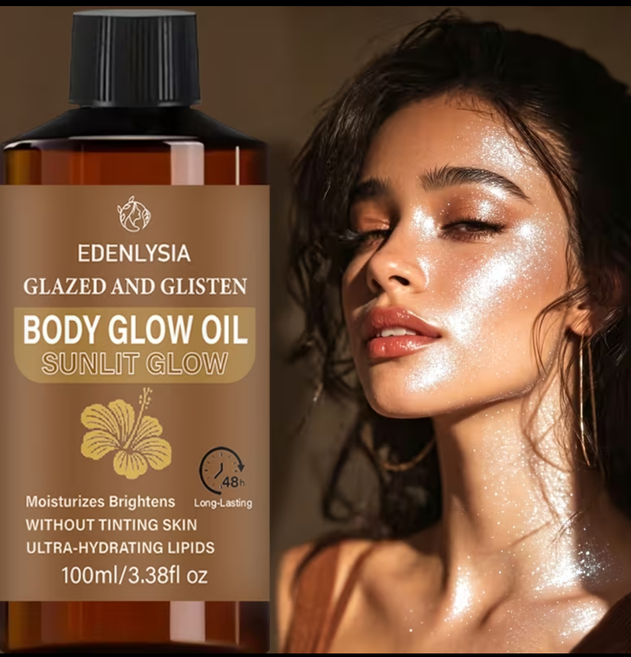 EDENLYSIA Glazed and Glisten Body Glow Oil – Sunlit Glow Champagne Sheen with Ultra-Hydrating Lipids (100ml / 3.38fl oz)