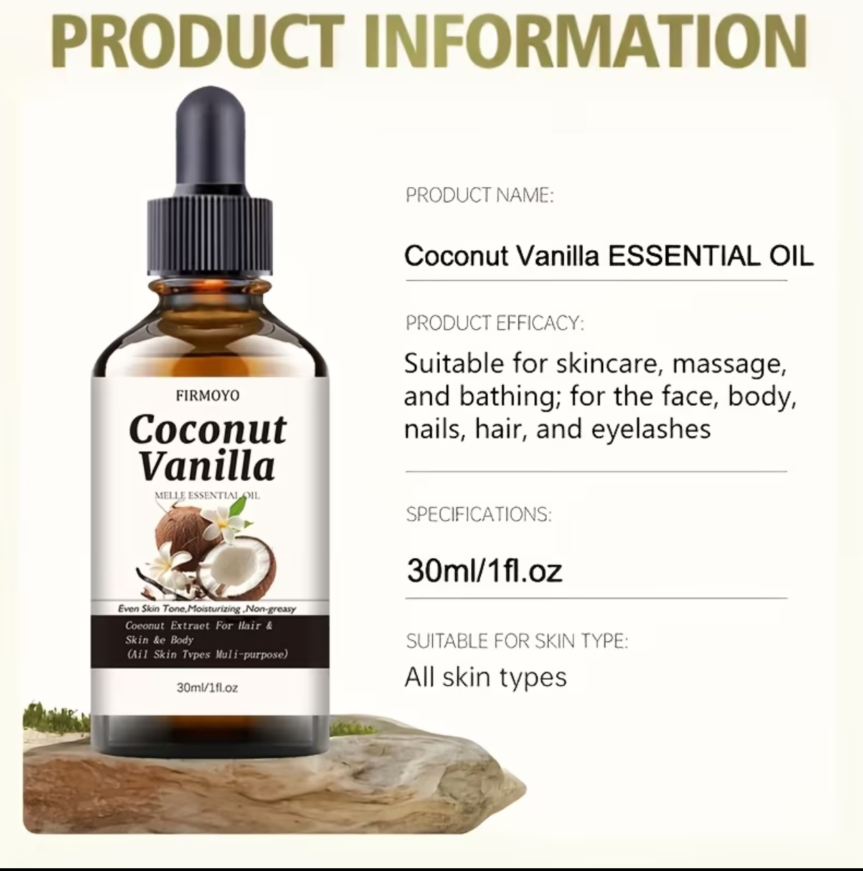 FIRMOYO Coconut Vanilla Multi-Purpose Essential Oil – Hydrating & Tone-Evening Treatment for Face, Body, Hair & Nails (30ml / 1fl.oz) 3