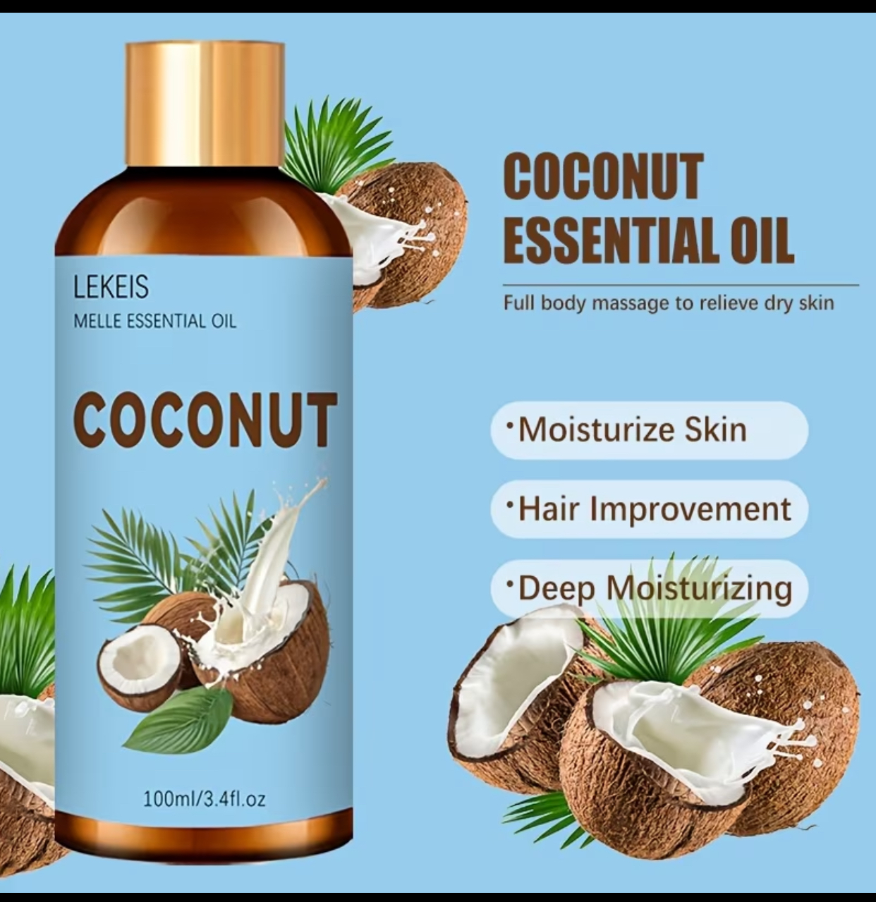 LEKEIS Coconut Essential Oil – Deep Moisturizing Full Body Massage & Hair Improvement Treatment Oil (100ml / 3.4fl.oz)