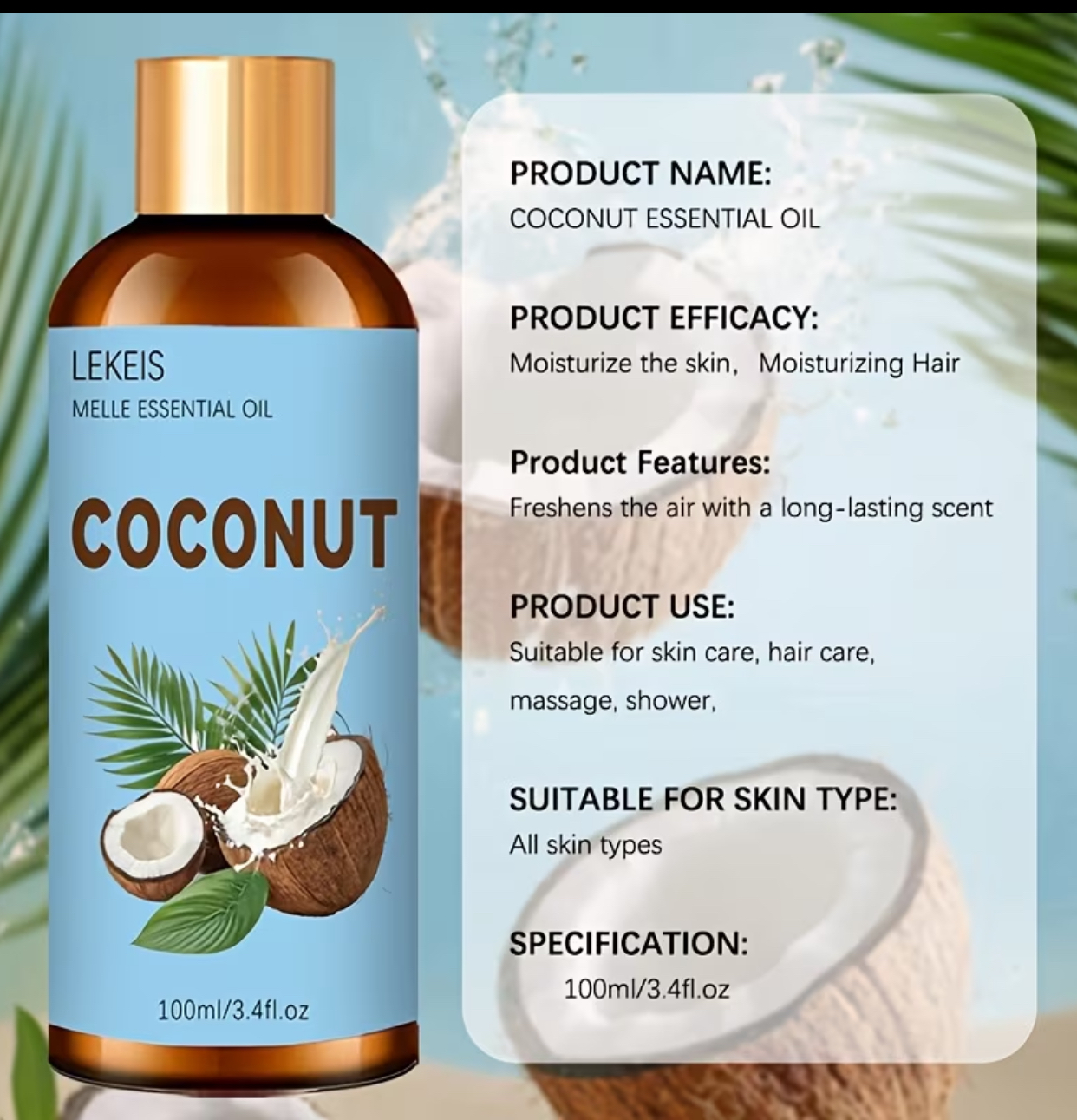 LEKEIS Coconut Essential Oil – Deep Moisturizing Full Body Massage & Hair Improvement Treatment Oil (100ml / 3.4fl.oz) 2