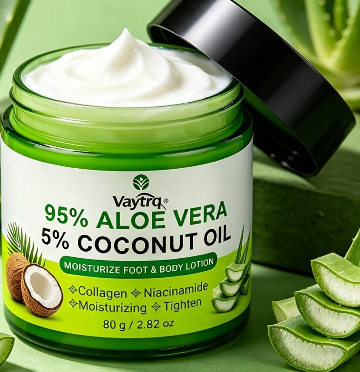 Vaytrq 95% Aloe Vera & 5% Coconut Oil Moisturize Foot & Body Lotion – Skin Tightening & Collagen-Infused Treatment (80g / 2.82 oz)