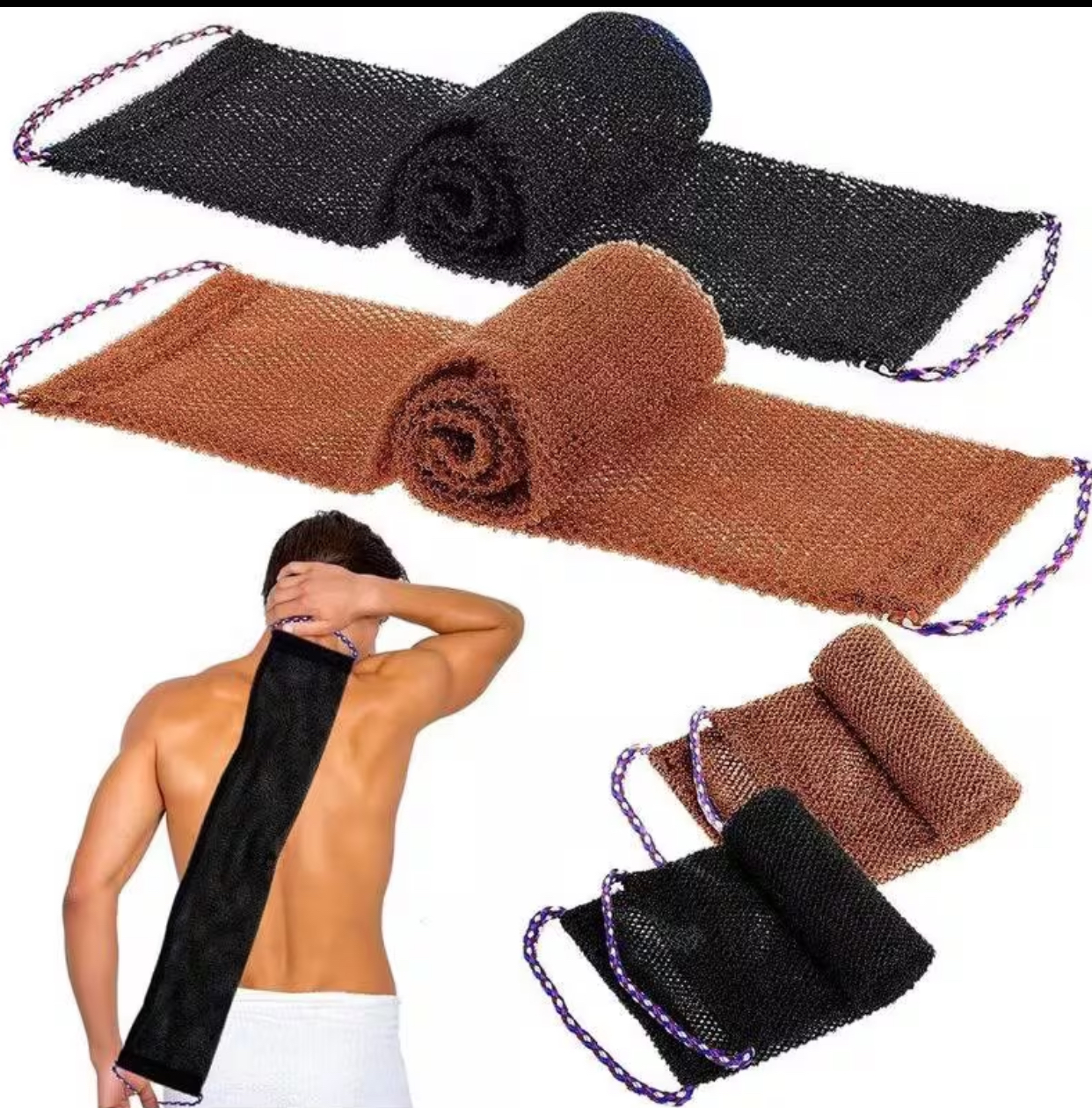 Dual-Handle Long Mesh Back Scrubber & Exfoliating Body Towel Set – Deep Cleansing Washcloth for Hard-to-Reach Areas (Black & Brown Pack)