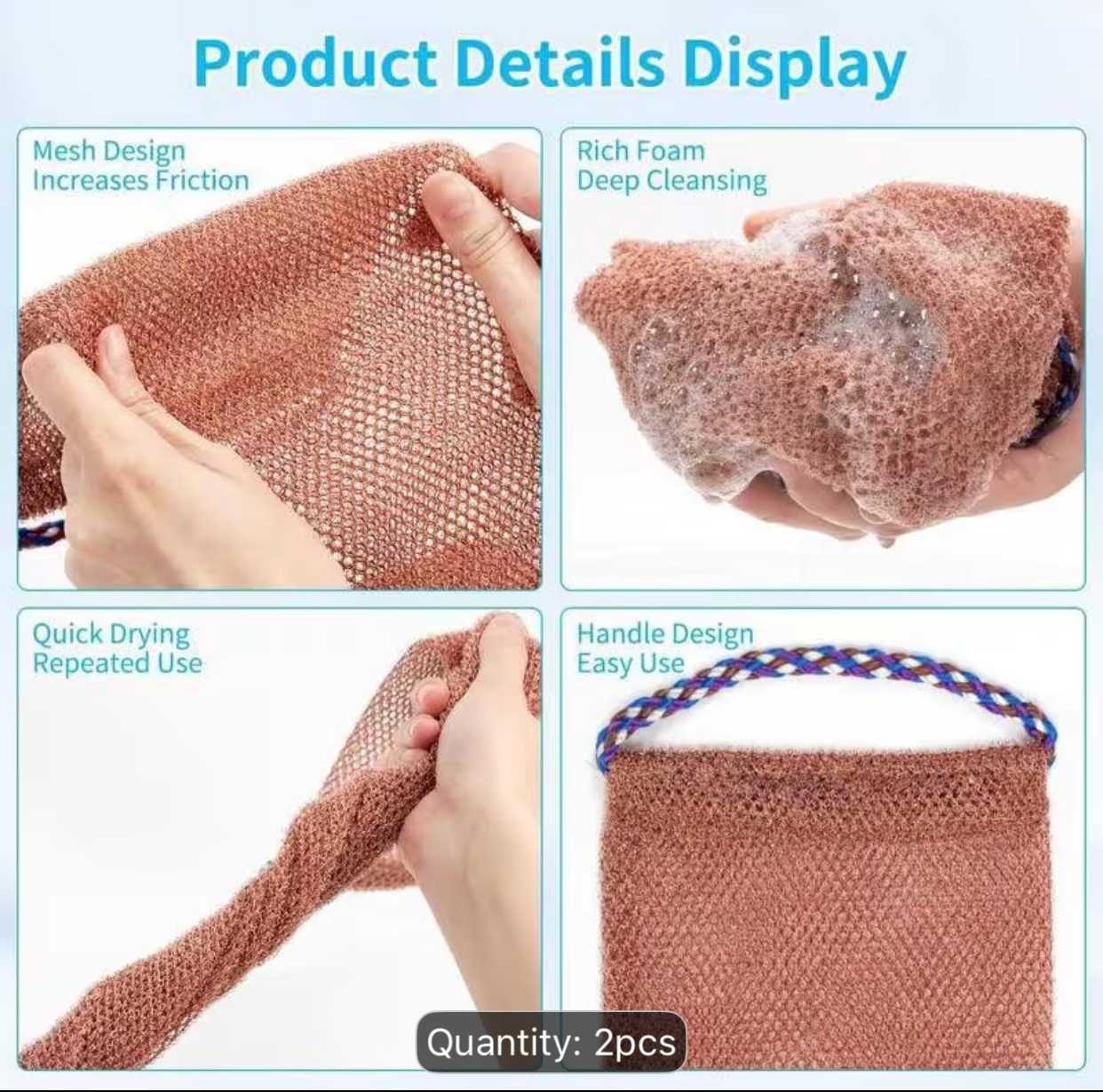 Dual-Handle Long Mesh Back Scrubber & Exfoliating Body Towel Set – Deep Cleansing Washcloth for Hard-to-Reach Areas (Black & Brown Pack) 2