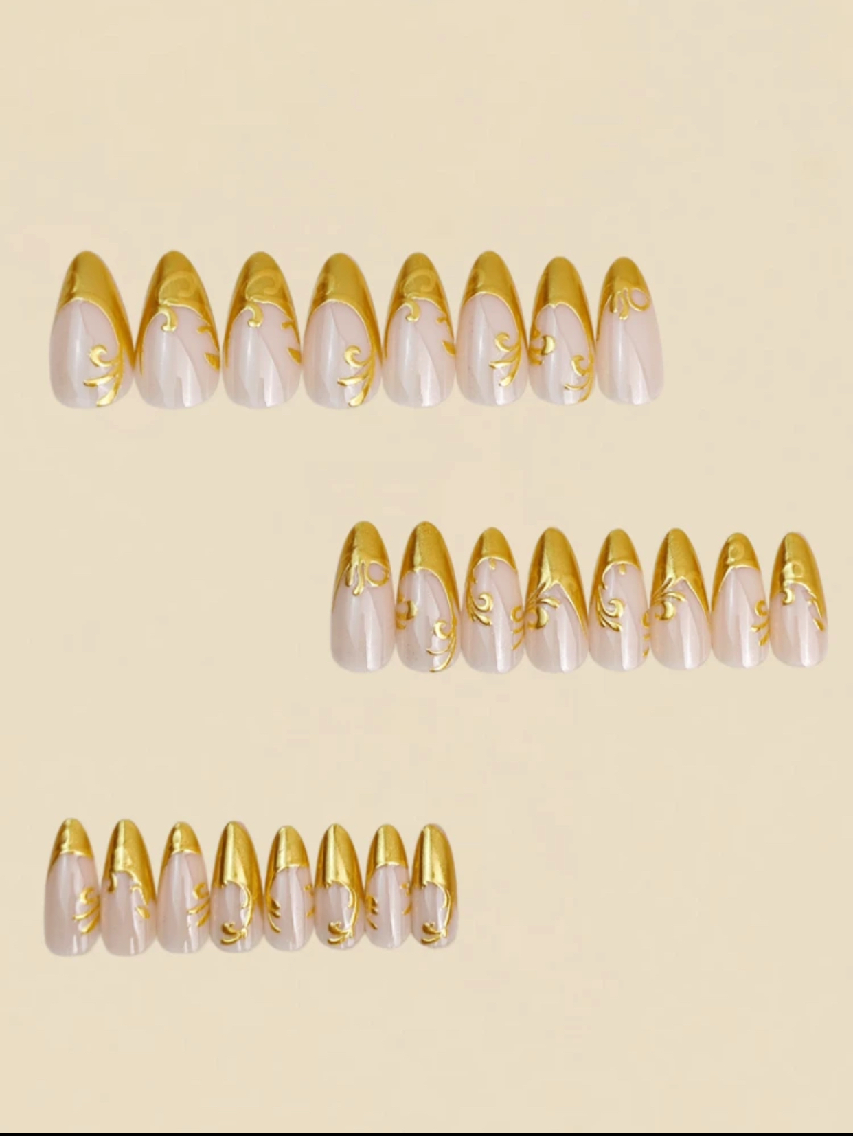 24pcs Luxury 3D Baroque Liquid Gold Chrome Ornate Filigree Sculpted Stiletto Press-On Nails Set 2