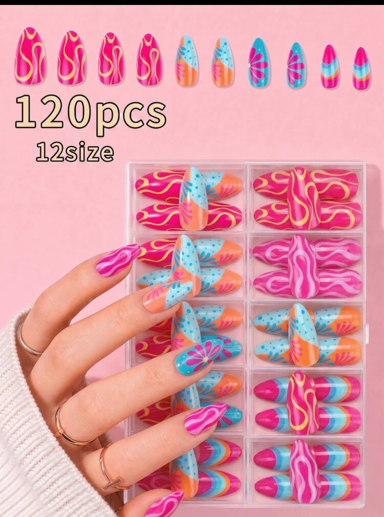 Vibrant 120-Piece Retro Psychedelic 1970s Hot Pink Abstract Wave and Pastel Floral Almond Press-On Nail Set