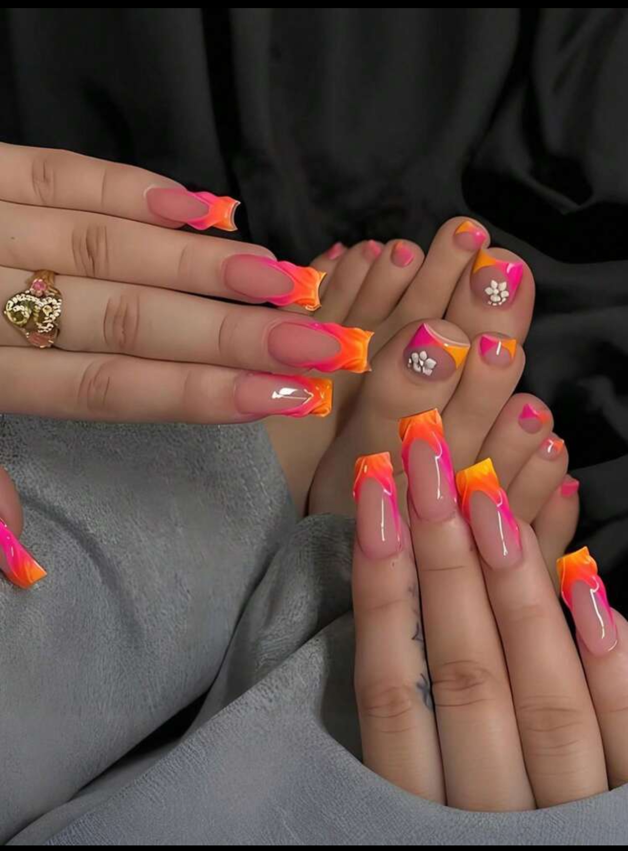 48piece 2sets Electric Neon Sunset Pink and Orange Gradient Wave Ultra-Wide Flare Square Acrylic Press-On Nails