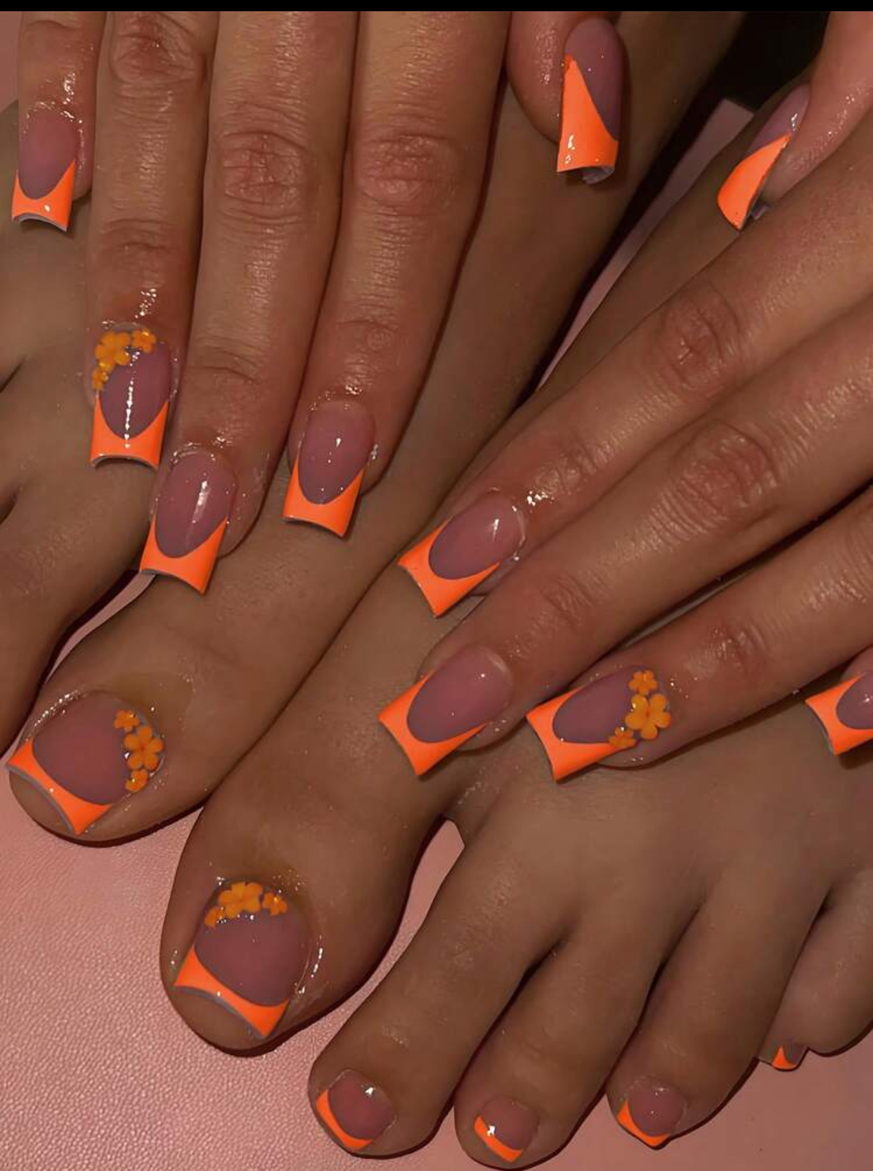 48piece 2sets Electric Neon Sunset Pink and Orange Gradient Wave Ultra-Wide Flare Square Acrylic Press-On Nails 2