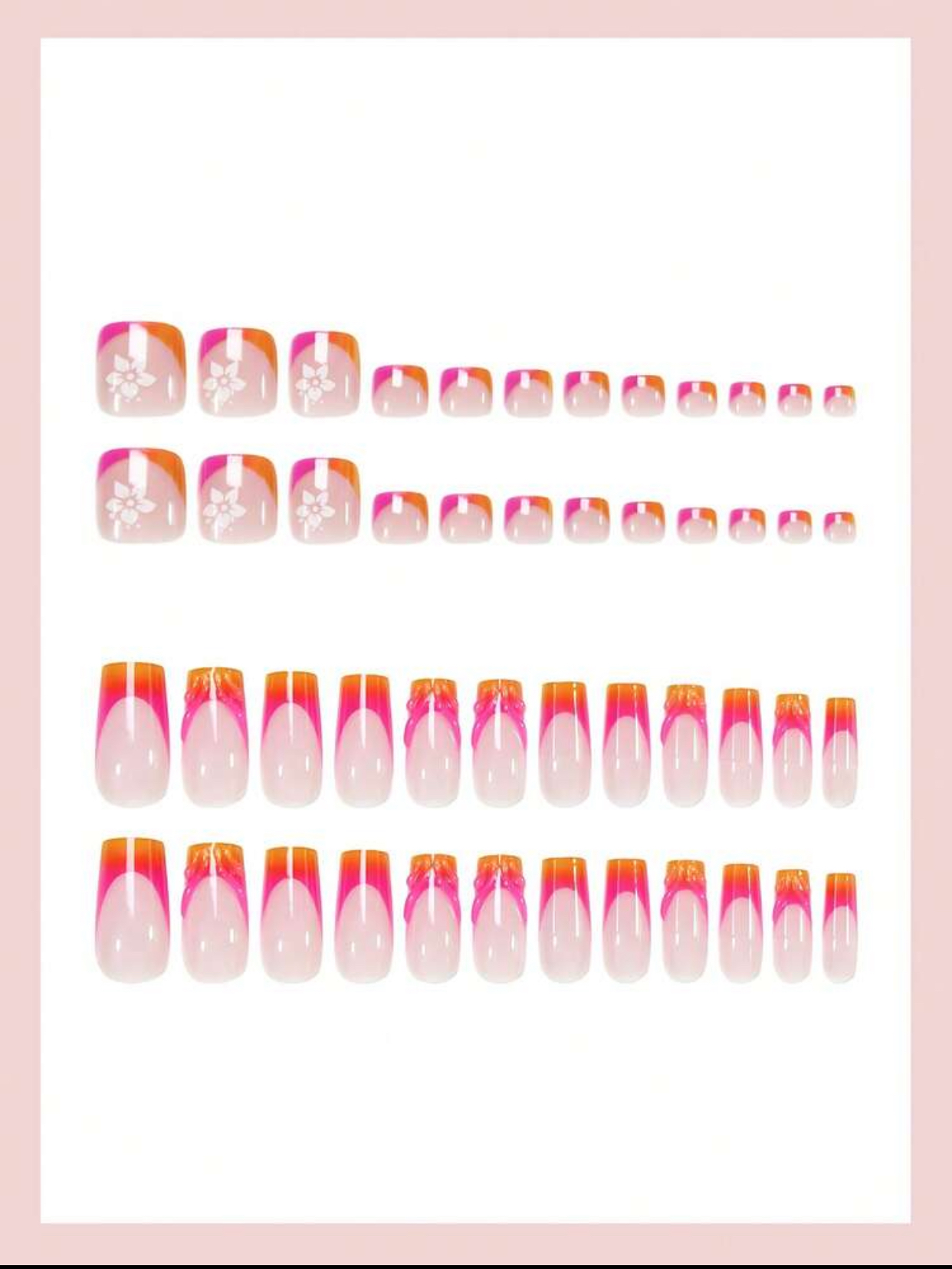 48piece 2sets Electric Neon Sunset Pink and Orange Gradient Wave Ultra-Wide Flare Square Acrylic Press-On Nails 3