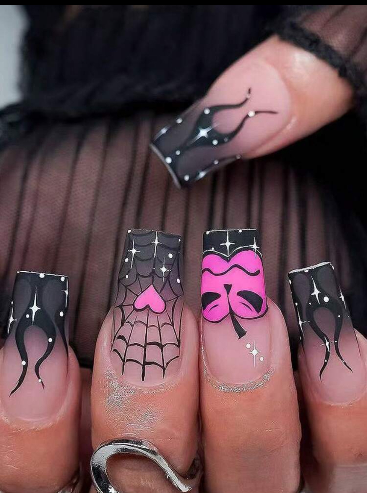 Midnight Gothic Cyber-Core Matte Black Flame, Spiderweb Heart, and Hot Pink Butterfly Coffin Press-On Nails