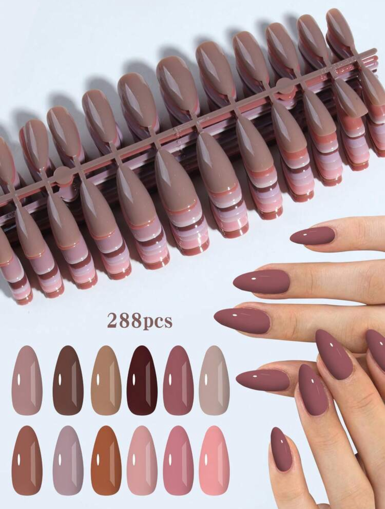 Premium 288-Piece Multi-Tone Heritage Nude, Earthy Mauve, and Chocolate Almond Press-On Nail Kit