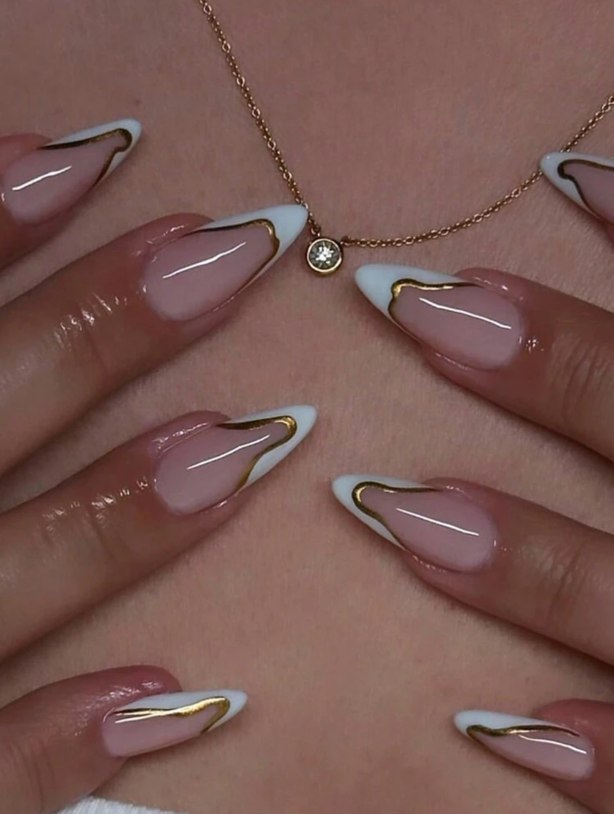 Celestial Modernist Long Stiletto Milky Nude Nails with Abstract Crisp White and Liquid Gold Ribbon Tips 2