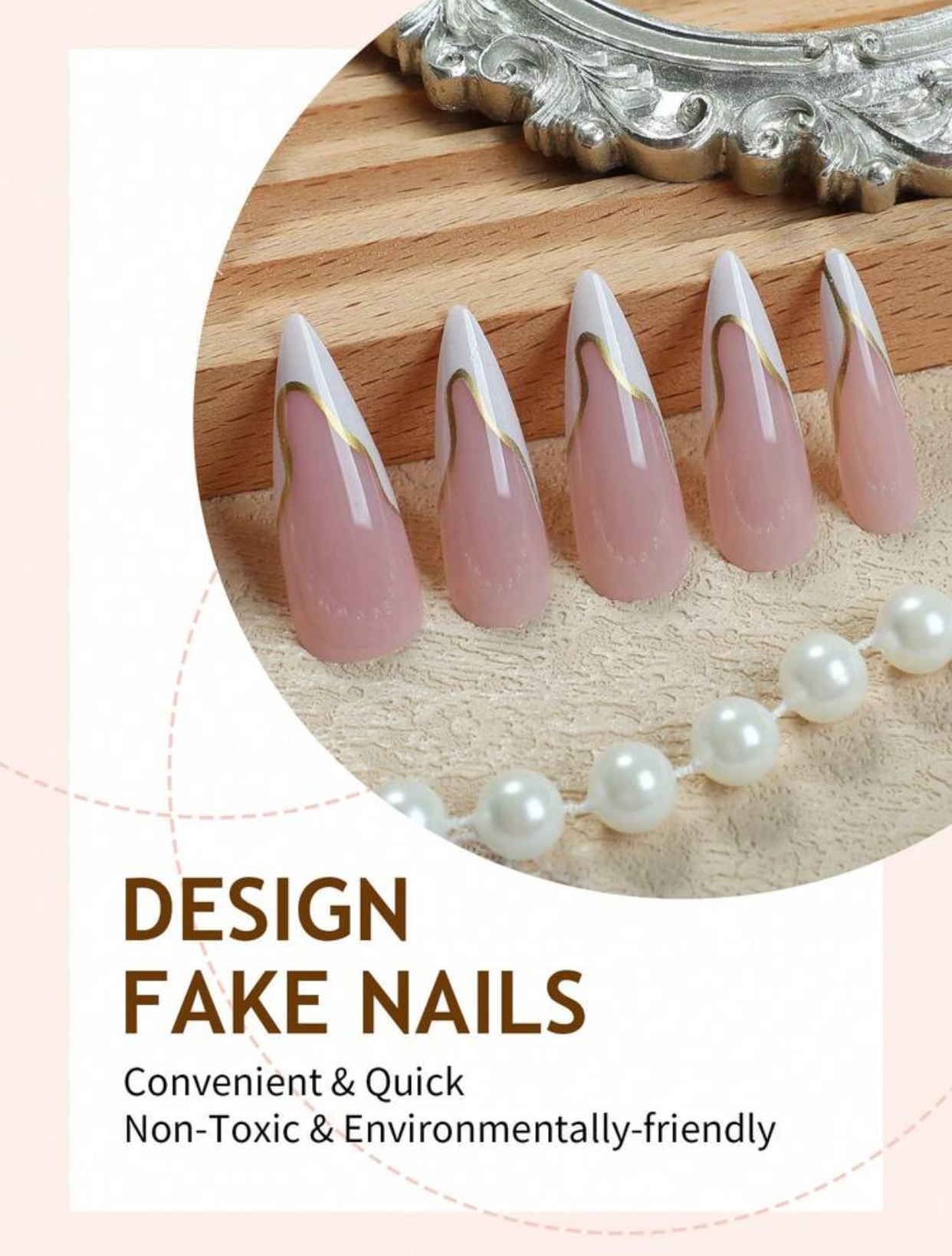 Celestial Modernist Long Stiletto Milky Nude Nails with Abstract Crisp White and Liquid Gold Ribbon Tips 3
