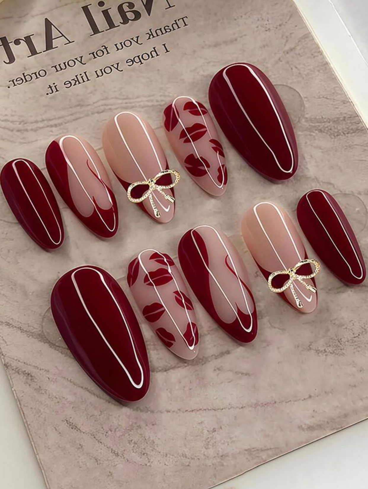 30pcs Velvet Cherry Noir Deep Burgundy, Romantic Red Lips, and 3D Golden Bow Almond Press-On Nails