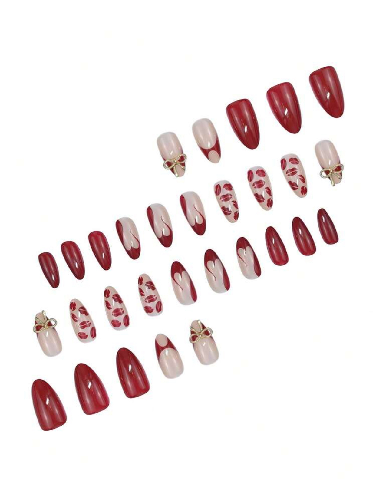 30pcs Velvet Cherry Noir Deep Burgundy, Romantic Red Lips, and 3D Golden Bow Almond Press-On Nails 2