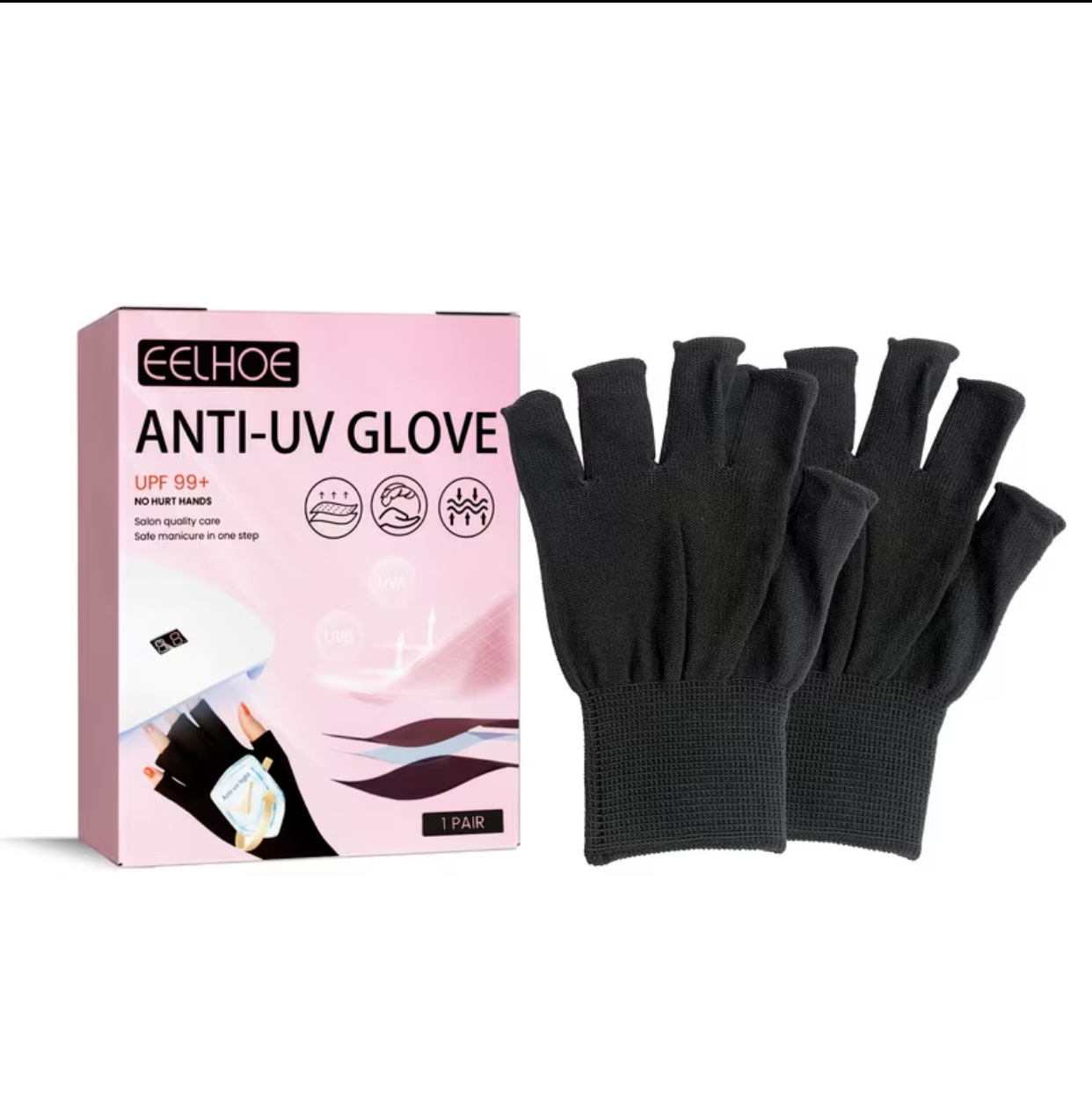 2pcs EELHOE Professional Fingerless Anti-UV Manicure Gloves UPF 99+ Skin Protective Shield for UV/LED Gel Nail Lamps