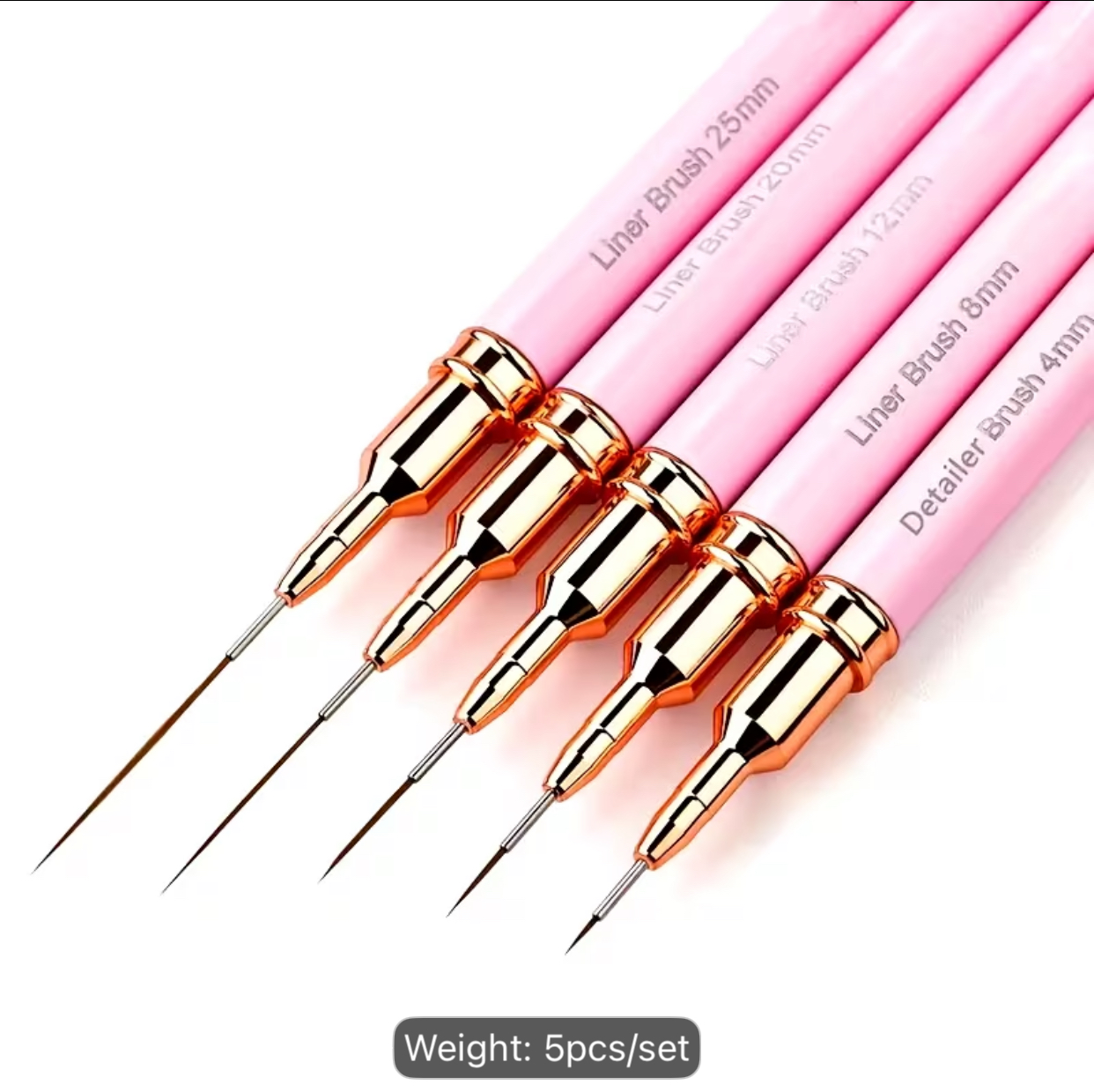 Premium 5-Piece Professional Pink and Gold Nail Art Liner and Ultra-Fine Detailer Brush Kit