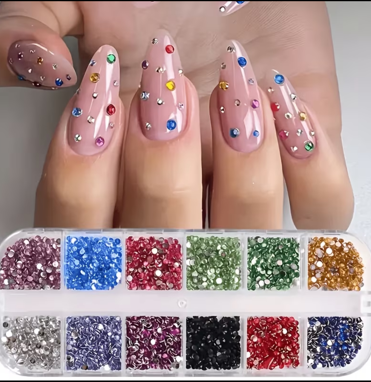 Deluxe 12-Compartment Multicolored Flatback Rhinestone 3D Nail Art Decoration Palette and Gem Kit