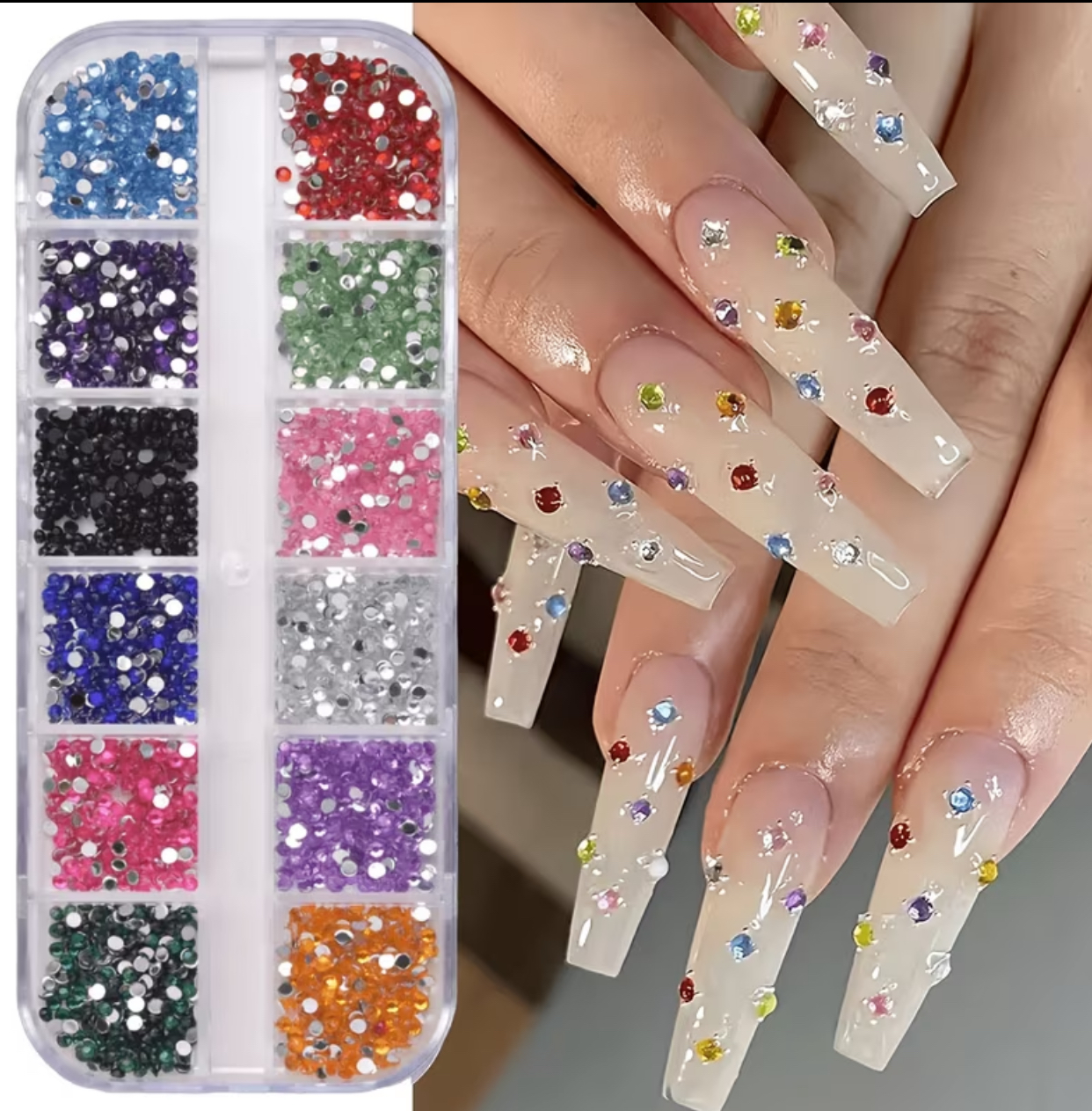 Deluxe 12-Compartment Multicolored Flatback Rhinestone 3D Nail Art Decoration Palette and Gem Kit 2